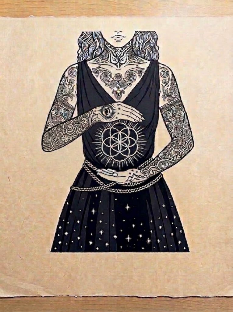 A block print impression of Feyre Archeron on deckle-edge handmade paper, showcasing intricate Night Court arm tattoos, a star-fall inspired dress, and a sacred geometry emblem.