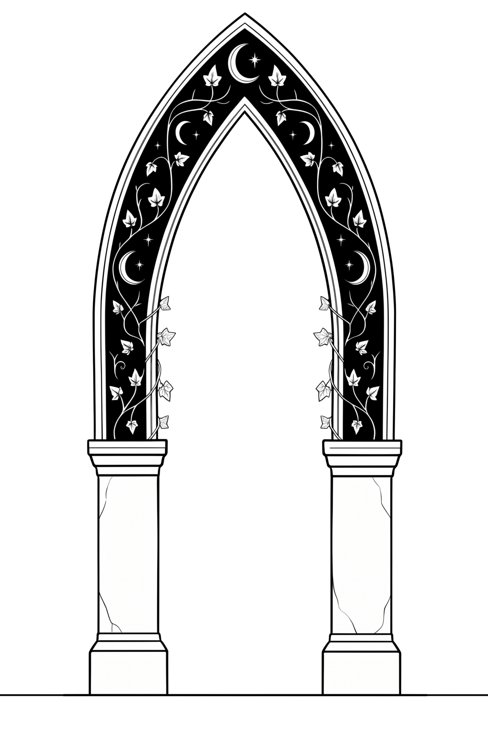 Minimalist line art gothic archway with ivy vines, crescent moons, and gargoyle bat creatures holding up the columns representing A Court of Thorns and Roses Series.