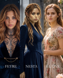 A three-part portrait of the fae Archeron sisters side-by-side: Feyre, tattooed, in a dark dress, Nesta in a regal navy long-sleeved gown, and Elain in a soft floral dress.