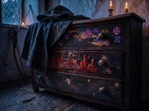 A dark worn wooden dresser in a cottage bedroom, with hand-painted violets and roses on the top drawer, crackling flames on the middle drawer, and yellow stars on a night sky on the bottom drawer.