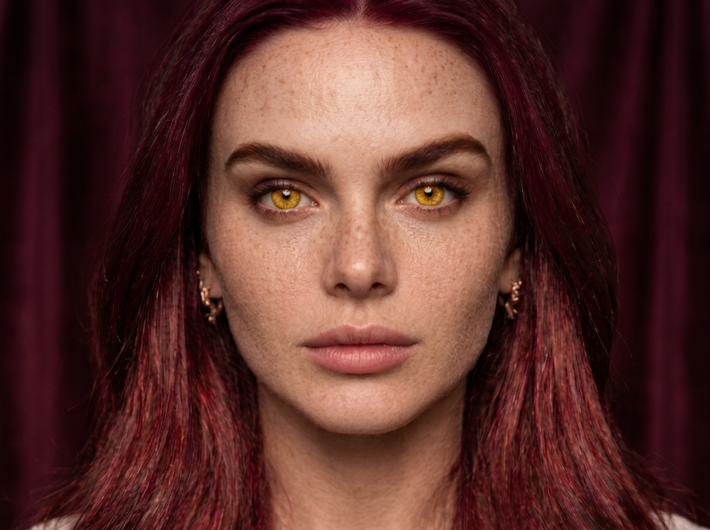 Photorealistic close-up character portrait of Bryce Quinlan featuring natural wine-red hair with dimension, striking golden-amber eyes, and subtle freckles against a dark velvet backdrop.