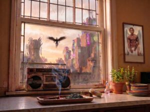 An apartment window scene in Lunathion featuring a retro boombox, burning mirthroot on a tray with swirling smoke, small potted plants on the counter, and a view of the Crescent City skyline with a winged figure flying outside.