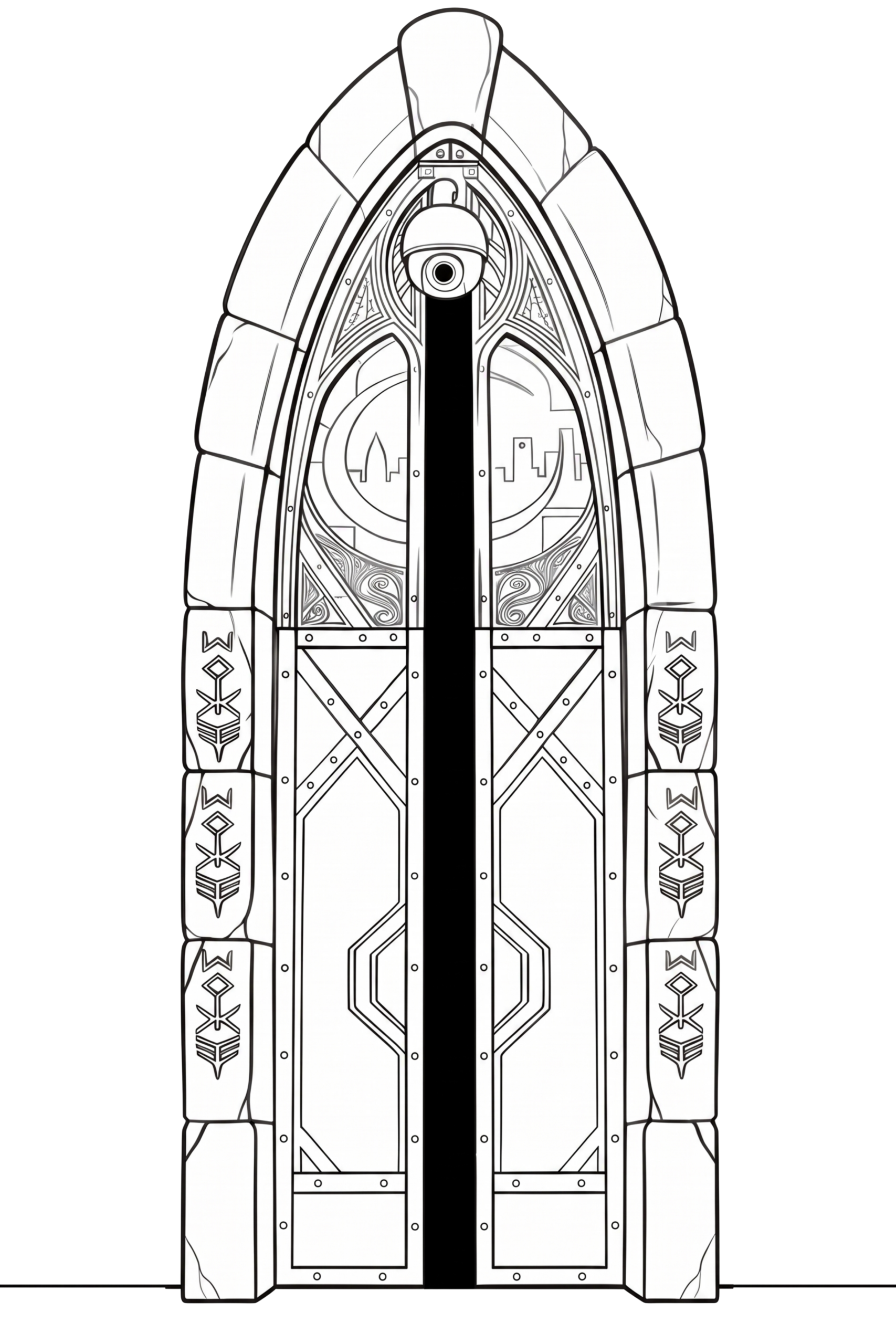 Minimalist line art arched gateway with modern double doors, security camera, and cityscape silhouette inside a crescent moon representing Crescent City Series.