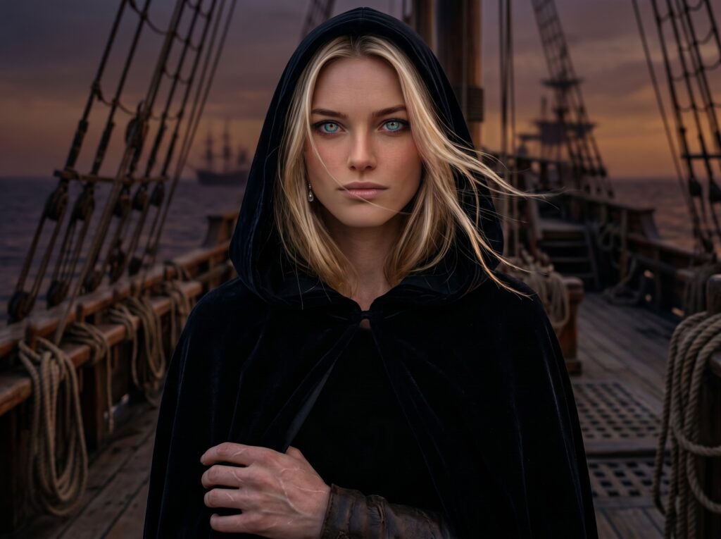 Character portrait of Celaena Sardothien wearing a dark hooded cloak on the wooden deck of a pirate ship at sea.