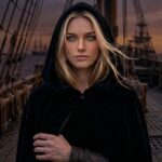 Character portrait of Celaena Sardothien wearing a dark hooded cloak on the wooden deck of a pirate ship at sea.