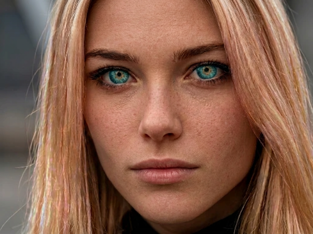 Character portrait close-up of Celaena Sardothien with golden-blonde hair, light freckles, and striking turquoise-blue eyes with gold rings.