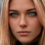 Character portrait close-up of Celaena Sardothien with golden-blonde hair, light freckles, and striking turquoise-blue eyes with gold rings.
