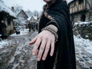 A young woman wearing a dark cloak in a snowy village, extending her pale hand adorned with a silver bell bracelet as snowflakes fall.