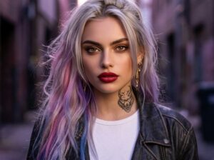 Visual portrait of Danika Fendyr from Crescent City featuring silver-blonde hair with pastel pink and purple highlights, a black leather jacket, white t-shirt, and a wolf tattoo on her neck.