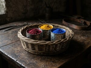 Three small metal tins containing vibrant red, yellow, and blue powdered paint pigments, sitting inside a rustic woven basket on a dark wooden workshop table.