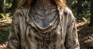 Detailed close-up of dark swirling whorl tattoos across the chest and neck, worn under a weathered, rustic canvas tunic in a forest setting.