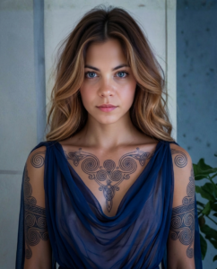 Portrait of, Feyre Archeron, a young woman with wavy golden-brown hair wearing a dark blue draped gossamer dress, featuring dark swirling whorl tattoo markings across her chest, neck, and shoulders.
