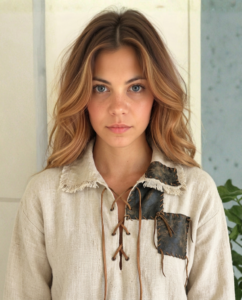 Portrait of a young woman with wavy golden-brown hair, wearing a patched linen tunic with dark leather shoulder details.