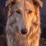 Frontal character portrait of Fleetfoot with a long nose, folded ears, silvery-gold fur, and striking molten caramel eyes against a warm sunset backdrop.