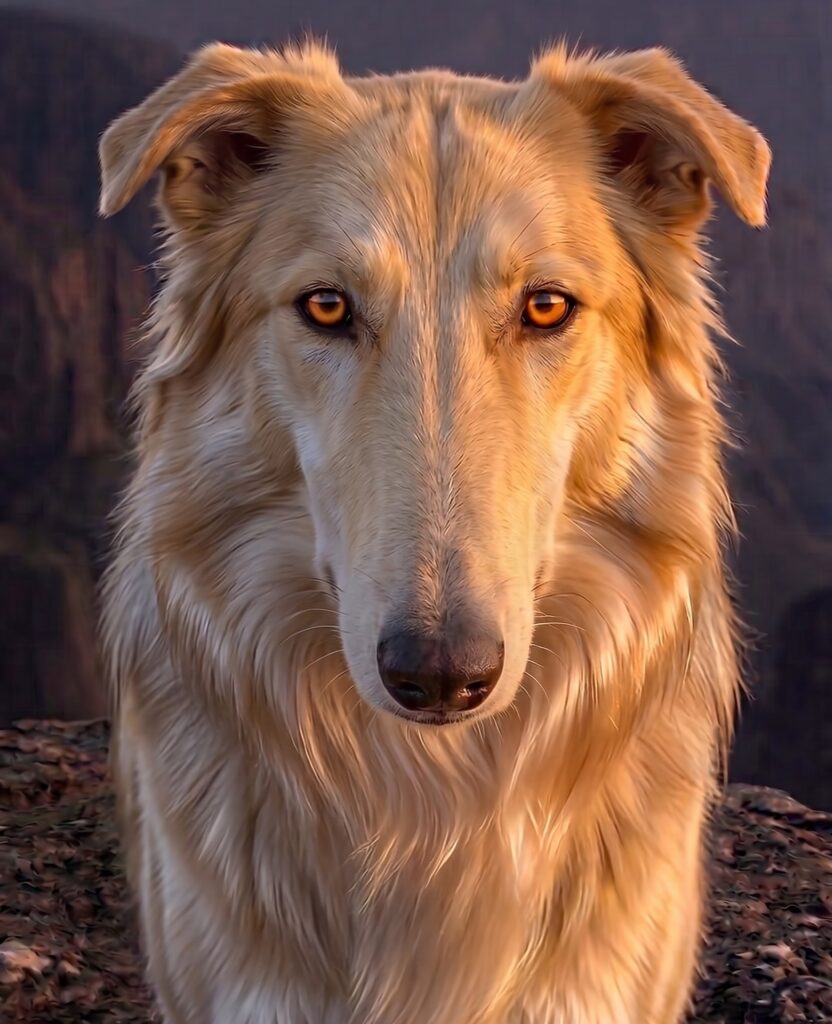 Frontal character portrait of Fleetfoot with a long nose, folded ears, silvery-gold fur, and striking molten caramel eyes against a warm sunset backdrop.