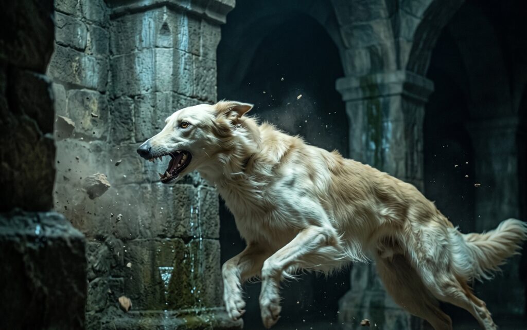 A cinematic action shot of Fleetfoot, a golden hound crossbreed of Borzoi, dire wolf, and Irish wolfhound, snarling in mid-air lunge within the dark, stone-masonry sublevels of the Glass Palace in Rifthold.
