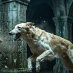 A cinematic action shot of Fleetfoot, a golden hound crossbreed of Borzoi, dire wolf, and Irish wolfhound, snarling in mid-air lunge within the dark, stone-masonry sublevels of the Glass Palace in Rifthold.
