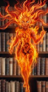 Front view portrait of Lehabah from Crescent City as a fiery elemental sprite, featuring a sassy expression and raising her hand to flip off the camera against a blurred background of the Jesiba Roga's library archive books.