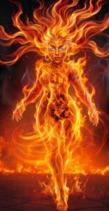 Front view portrait of Lehabah from Crescent City as a fiery elemental sprite, featuring glowing blue heart-fire eyes and the SPQM slave mark branded on her arm against a dark background.