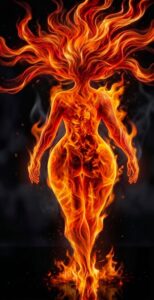 Back view portrait of Lehabah from Crescent City, depicted as a full-body elemental sprite entirely composed of bright orange, yellow, and red flames, standing with relaxed hands against a dark void.