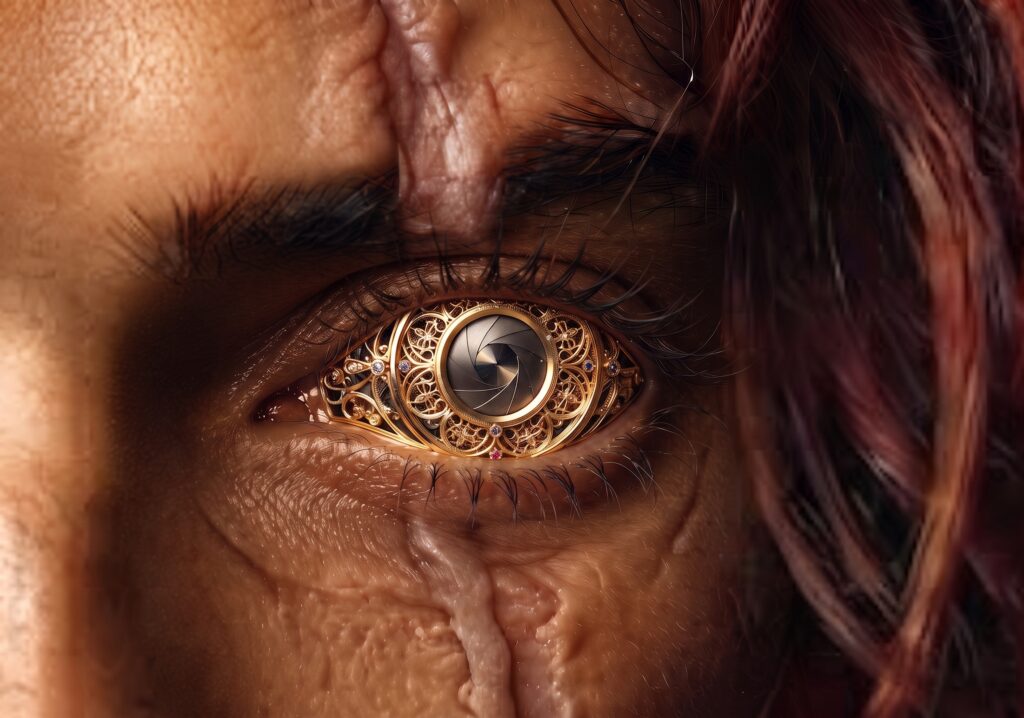 Close-up detailed Golden Mechanical Eye character portrait of Lucien Vanserra from A Court of Thorns and Roses featuring an intricate golden mechanical filigree eye, deep facial scar, bronze skin, and auburn red hair.