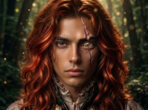 Portrait of Lucien Vanserra from A Court of Thorns and Roses with long red copper hair, golden mechanical eye, facial scar, and bronze skin against a forest background.