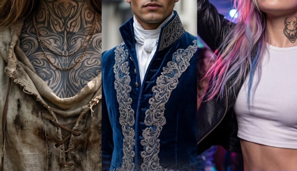Three-panel comparison of Sarah J. Maas material culture showing Feyre in Tudor linen, Dorian in Regency velvet, and Danika in a modern leather jacket.