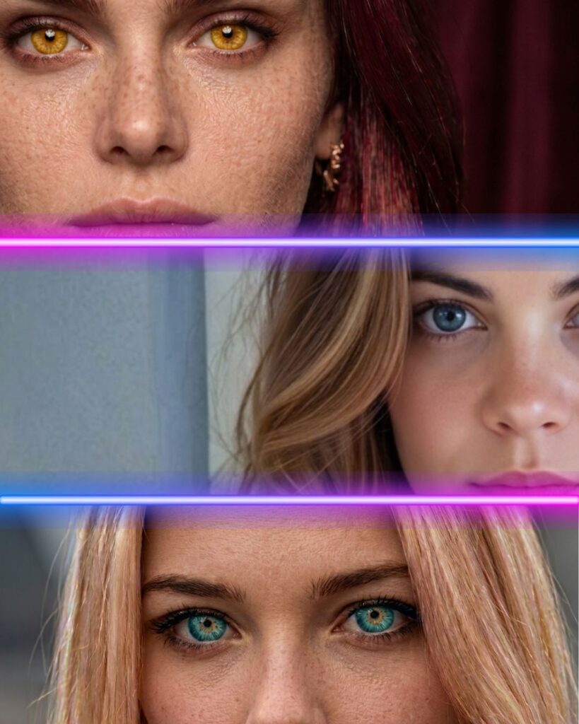 Horizontal split comparison crop of Bryce Quinlan, Feyre Archeron, and Aelin Galathynius showing their distinct eye colors, skin undertones, and freckle profiles separated by glowing neon lines.