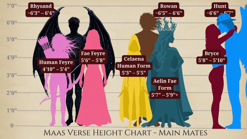 Maasverse character height comparison chart showing silhouettes and estimated heights for main mates Rhysand, Feyre, Rowan, Celaena, Aelin, Bryce, and Hunt on a parchment background.