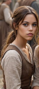 Portrait of, Nesta Archeron, a young woman with light brown hair pulled back, wearing a simple, rustic linen undershirt and brown bodice in a rural village setting.