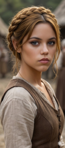 Close-up portrait of, Nesta Archeron, a young woman with braided crown hair, wearing a rustic linen undershirt and brown vest.