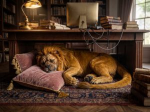 A photorealistic rendering of Syrinx, the chimera-like creature, curled up asleep under a large antique wooden desk. He rests his head on a dusty rose velvet tassel pillow in a room filled with libraries, bookshelves, and odd artifacts.