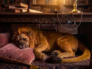 Syrinx the chimera sleeping under a wooden coffee table on a velvet cushion, representing a quiet domestic moment in Crescent City by Sarah J. Maas.