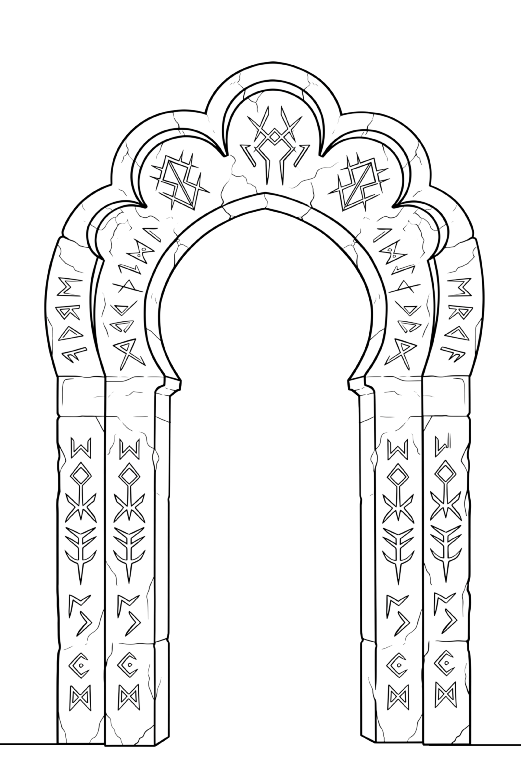 Minimalist line art stone archway carved with ancient Wyrdmarks and runes representing Throne of Glass Series.
