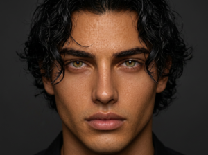 Head-on face card portrait of Azriel from ACOTAR in a dark tunic against a neutral grey studio background, showcasing his sharp jawline, high cheekbones, dynamic hazel eyes, deeper-hued lips, and wavy black Illyrian hair.