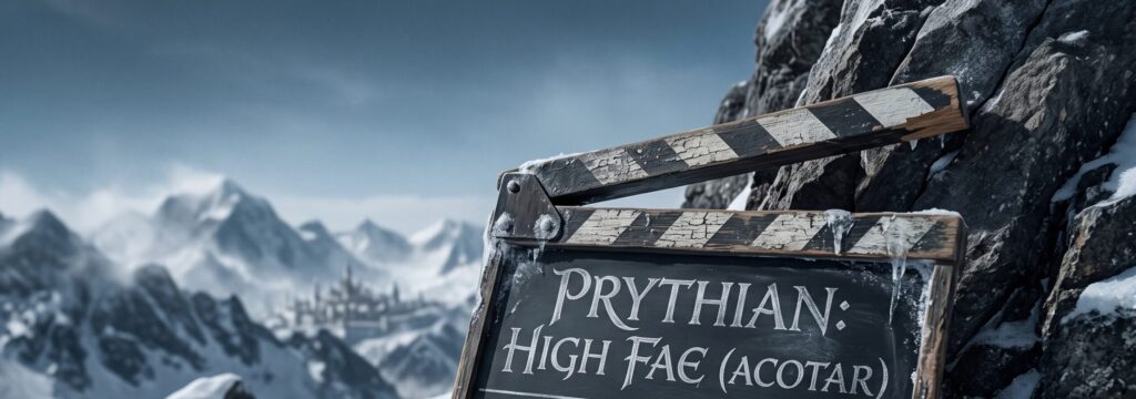 Weathered film slate reading Prythian High Fae half-buried in the snow of a rugged mountain peak.