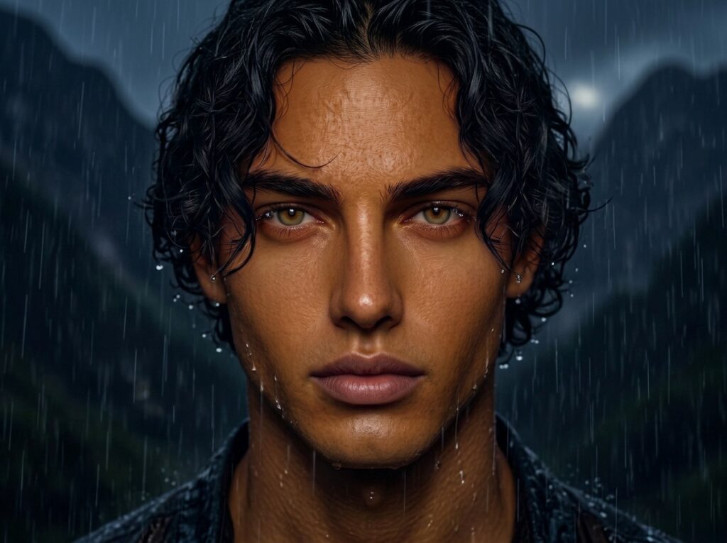 Close-up portrait of Azriel from ACOTAR in the rain at night, featuring wet wavy black hair, striking hazel eyes, warm golden-brown skin, and sharp facial planes against dark Illyrian mountains.
