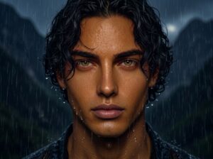 Close-up portrait of Azriel from ACOTAR in the rain at night, featuring wet wavy black hair, striking hazel eyes, warm golden-brown skin, and sharp facial planes against dark Illyrian mountains.