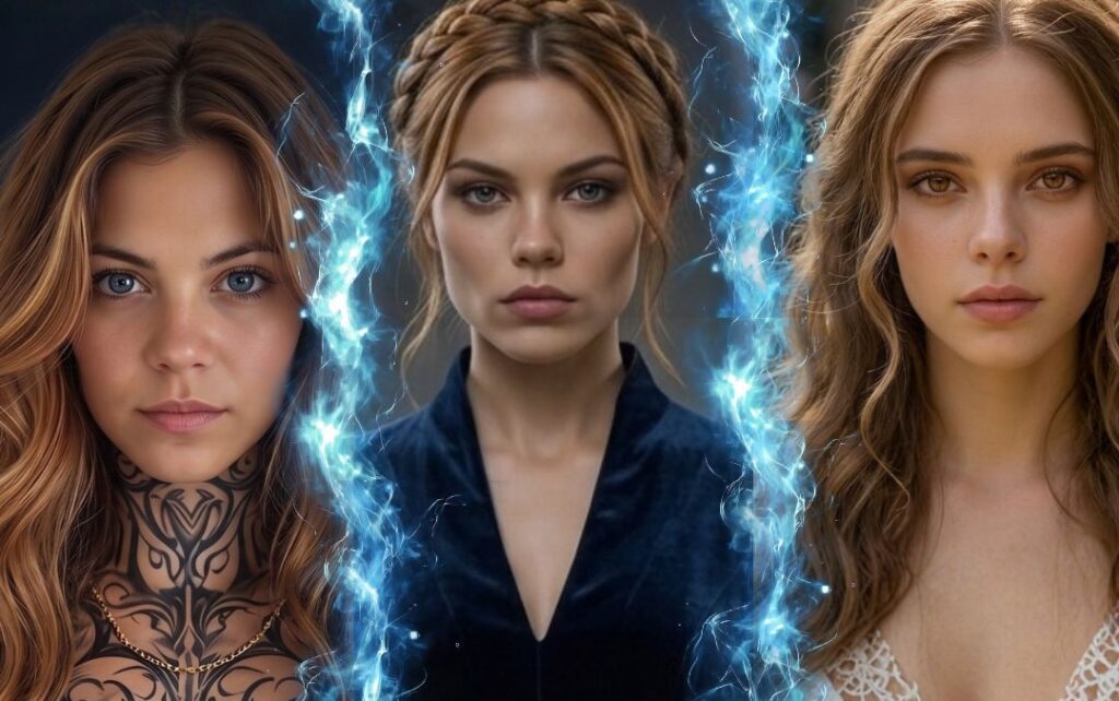 Three-part Face Cards of the fae Archeron sisters side-by-side: Feyre, tattooed, in a dark dress, Nesta in a regal navy long-sleeved gown, and Elain in a soft white dress.