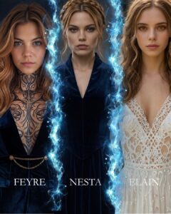A three-part portrait of the fae Archeron sisters side-by-side: Feyre, tattooed, in a dark dress, Nesta in a regal navy long-sleeved gown, and Elain in a soft white dress.