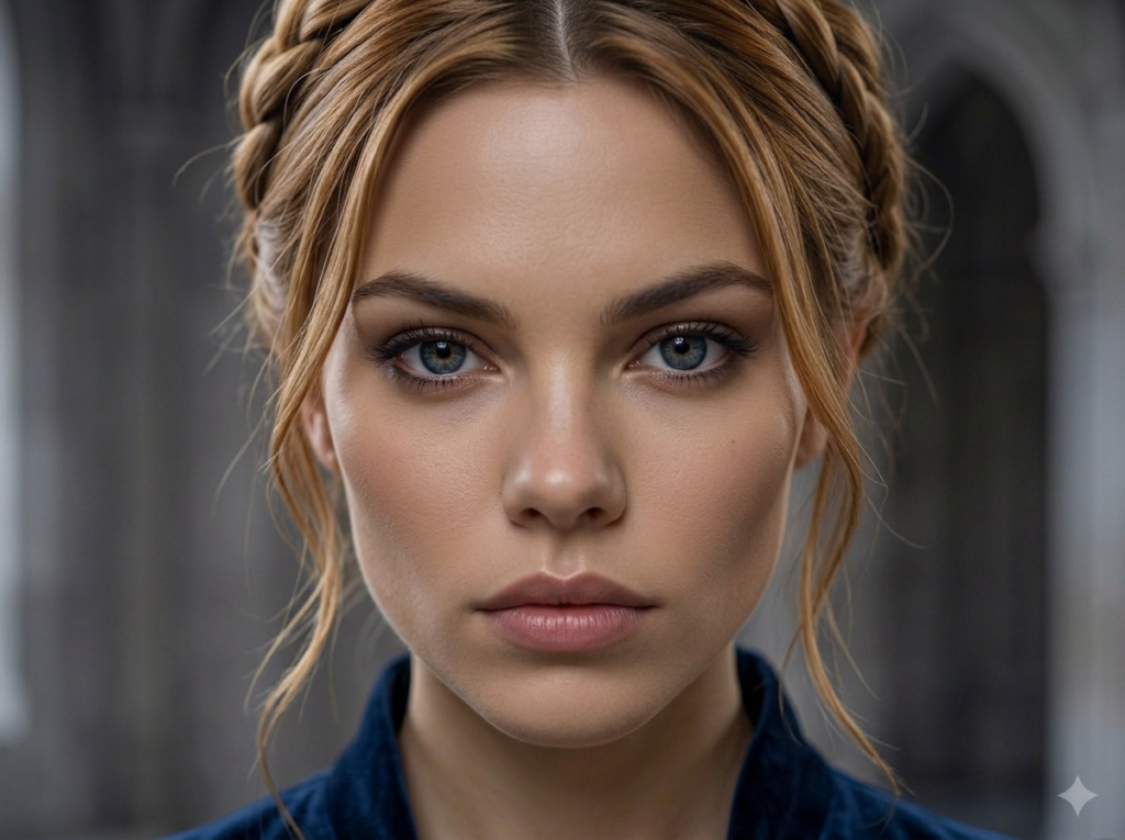 Nesta Archeron character close-up portrait featuring dark grey-blue eyes, a dark navy velvet dress, and a braided crown hairstyle