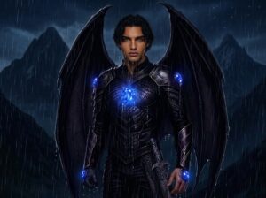 Full-body character portrait of Azriel from ACOTAR standing in the rain, wearing scaled Illyrian fighting leathers with glowing cobalt siphons and massive dark bat wings flared against a stormy mountain backdrop.